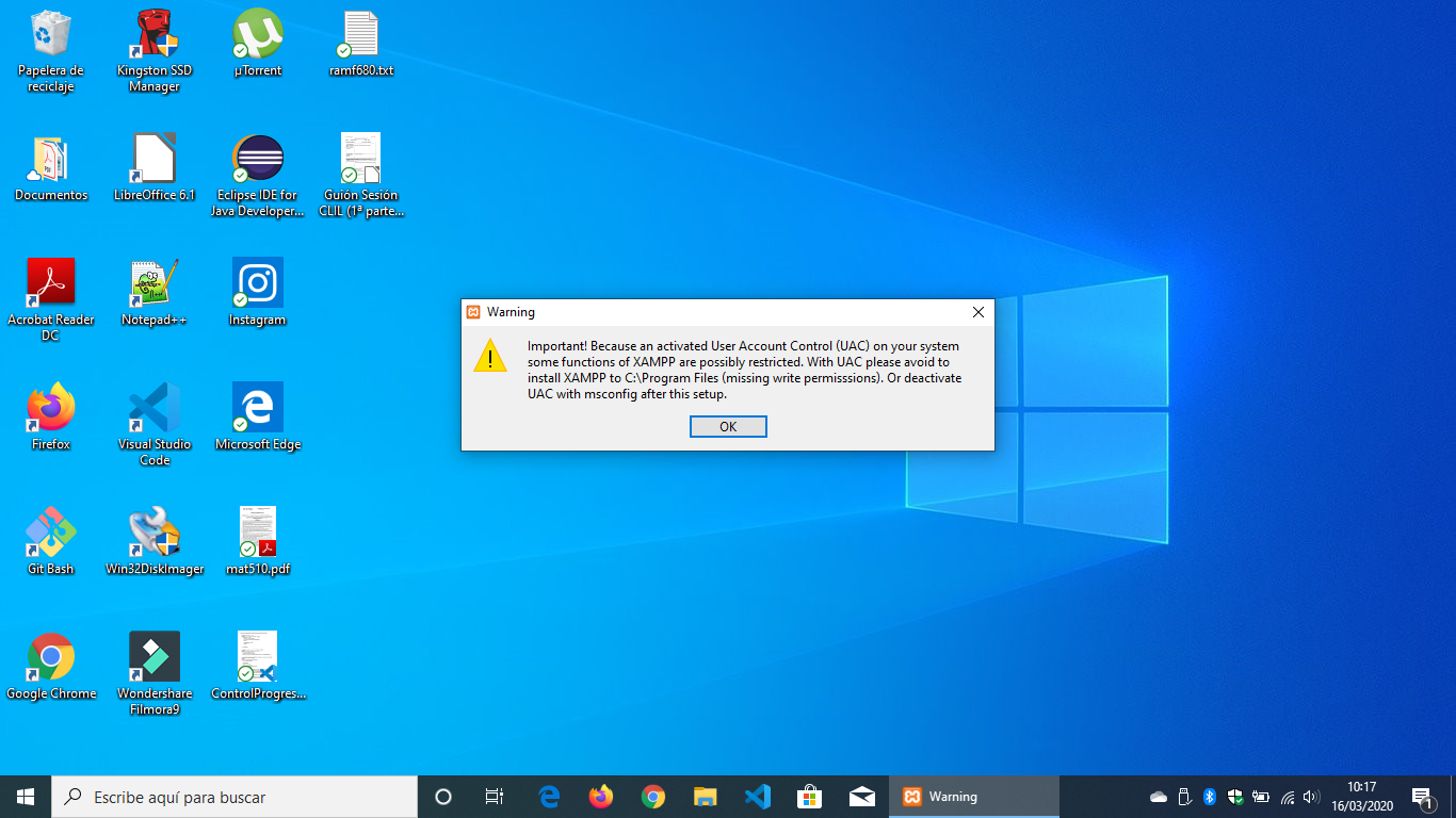 Imagen del escritorio de Windows con una caja de dialogo advirtiendonos de que tenemos activado el Control de Cuentas de Usuario y un boton Ok