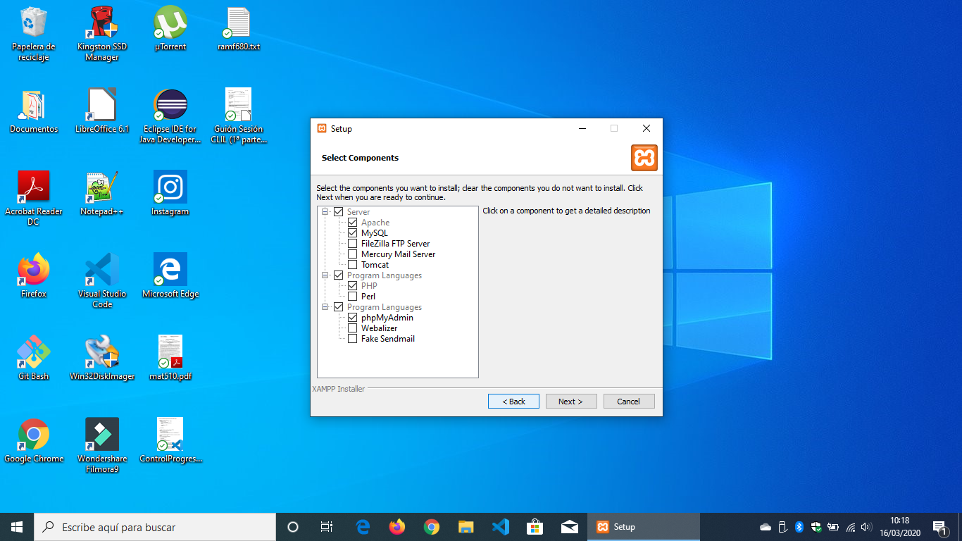 Seleccionando componentes a instalar Imagen donde se mustra una ventana con checkbox para seleccionar los componentes de Xampp a instalar y los botones de back, next y cancel. Están marcadas las cajas de Apache, Mysql, php y phpMyAdmin