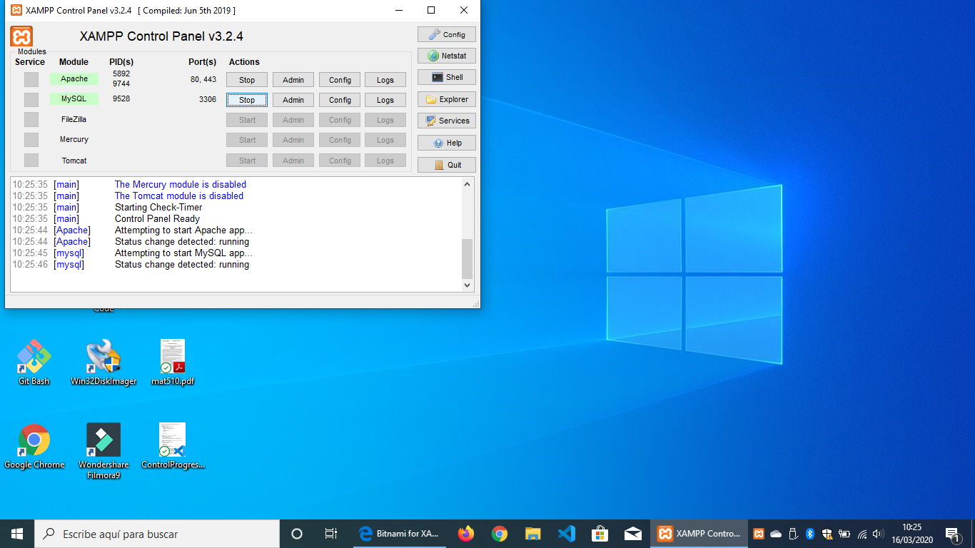 Imagen donde se muestra el panel de control de Xampp con todos sus servivios, en verde los servicios iniciados mysql y apache. A la derecha aparecen distintos botones para para, iniciar, y configurar los servicios