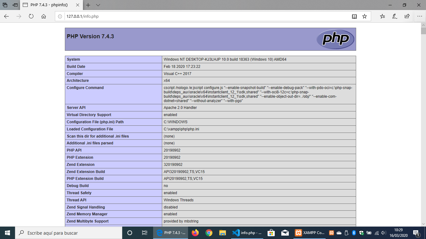 Comprobando que todo funciona Imagen del firefox mostrandos el contenido generado por el fichero info.php, podemos ver la versión de PHP y una tabla con dos columnas y múltiple filas con distintos datos