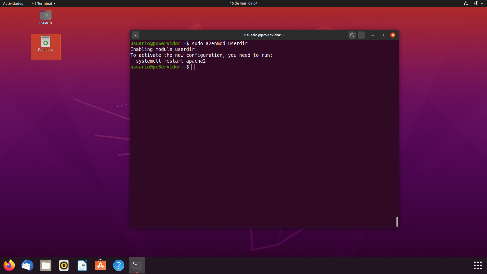 Activando userdir en Apache Imagen de una consola con fondo negro de ubuntu con el comando para habilitar userdir y reiniciar apache
