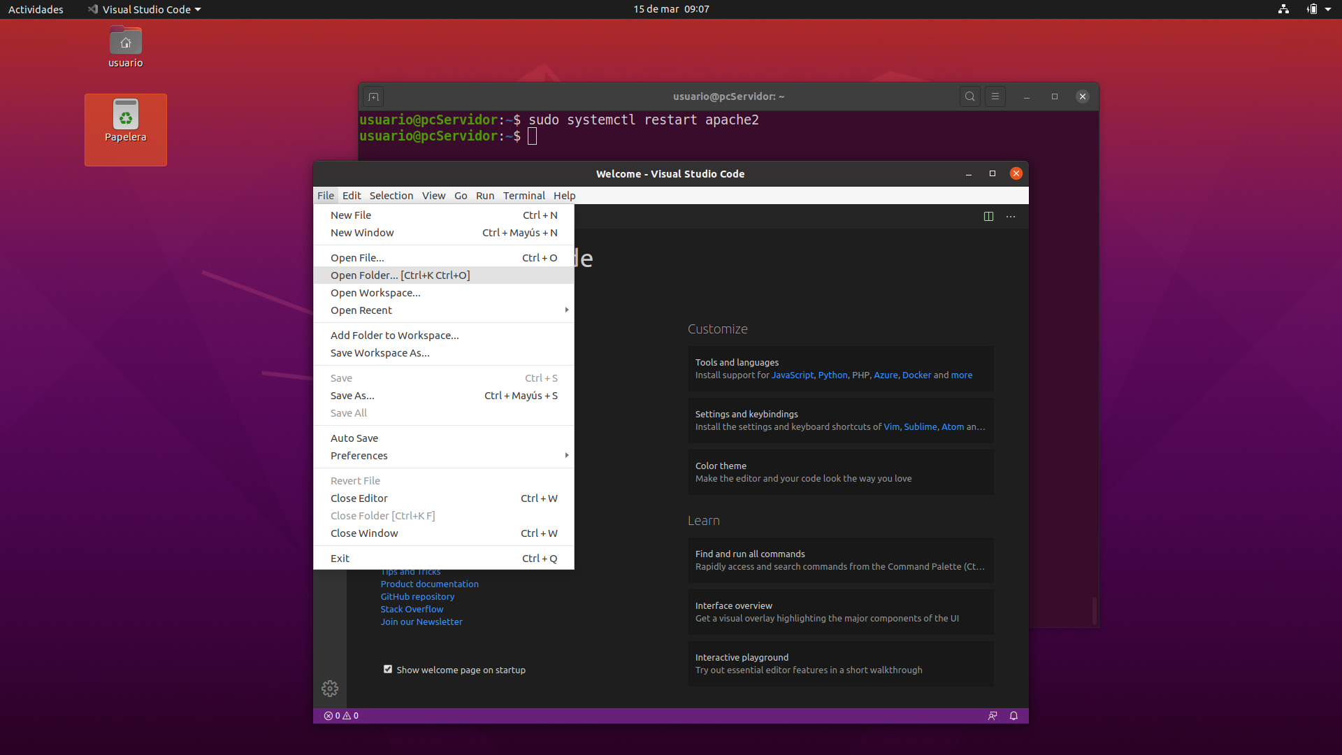 Imagen donde se muestra Visual Studio Code abierto con un tema oscuro y en laseleccionado un directorio para abrir en el menú superior