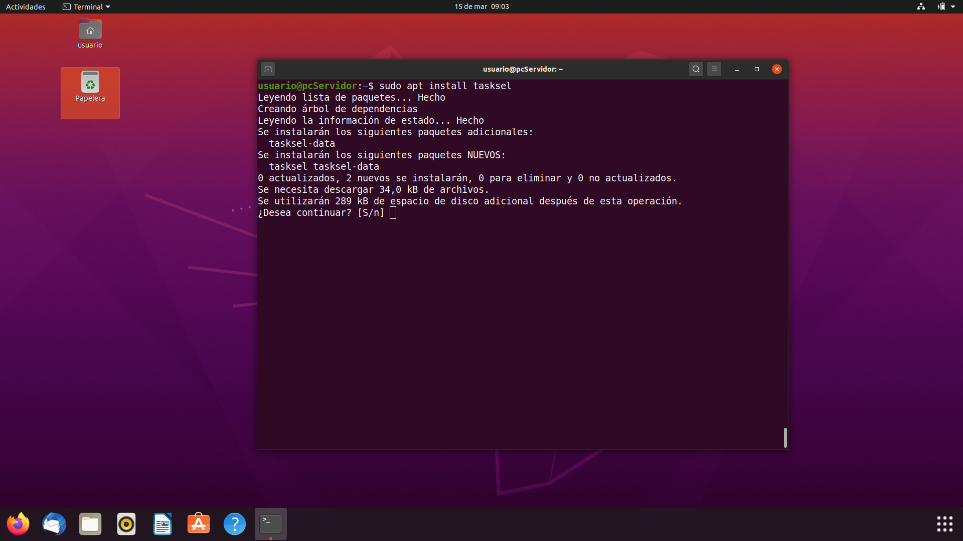 Instalar tasksel Ilustración de una consola negra en ubuntu con el comando para instalar tasksel