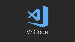 Imagen que muestta el logo en azul de Visial Studio Code y abajo el texto VSCode sobre un fondo oscuro