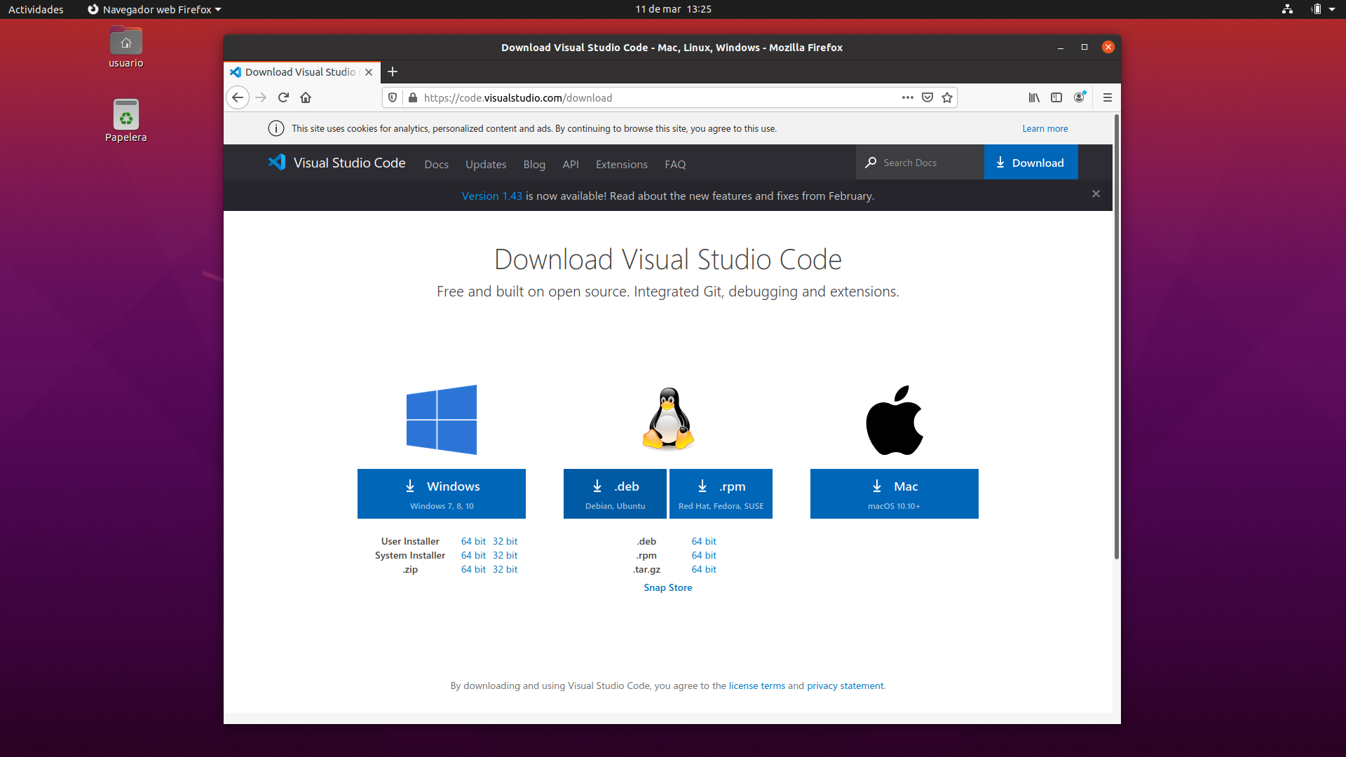 Imagen que muestra la web de descarga de Visual Studio Code y los símbolos de Windows, Linux y Apple para elegir nuestra descarga