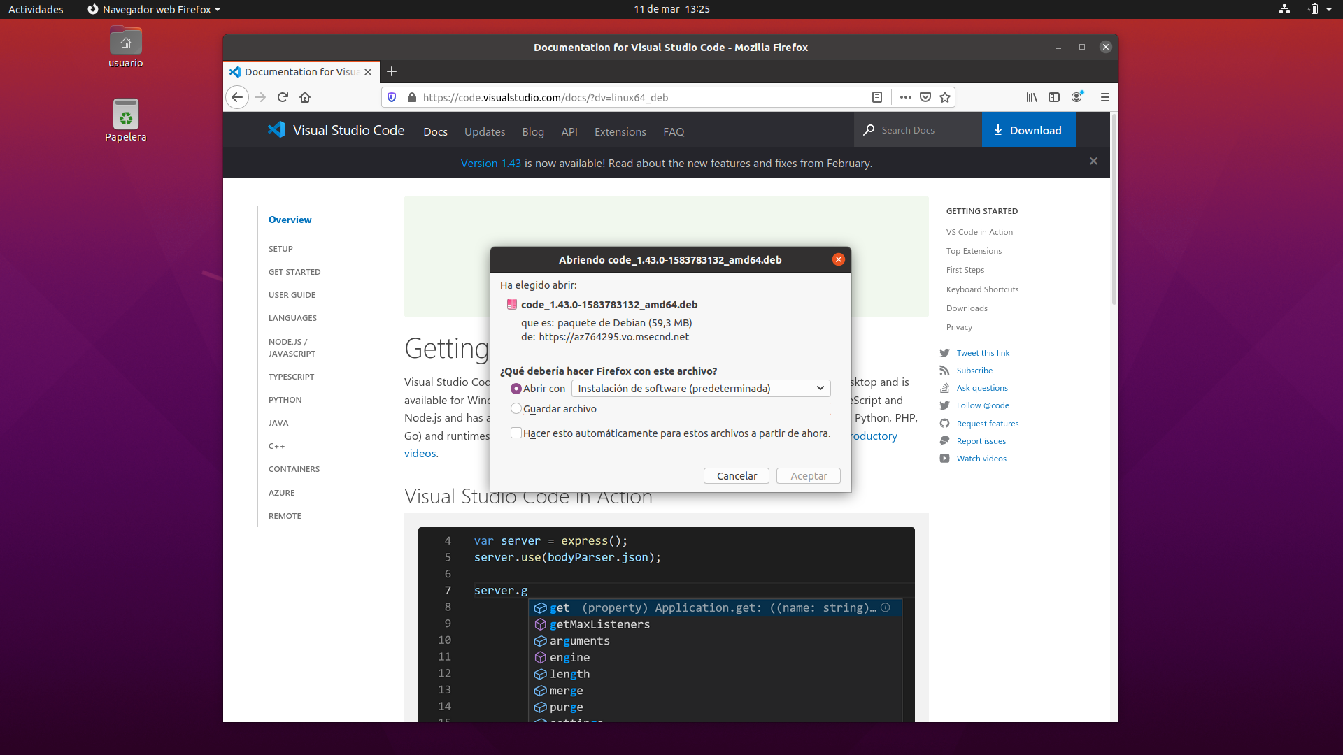 Imagen que muestra una caja de diálogo donde nos dan a elegir que hacer con el VisualStudioCode que vamos a descargar