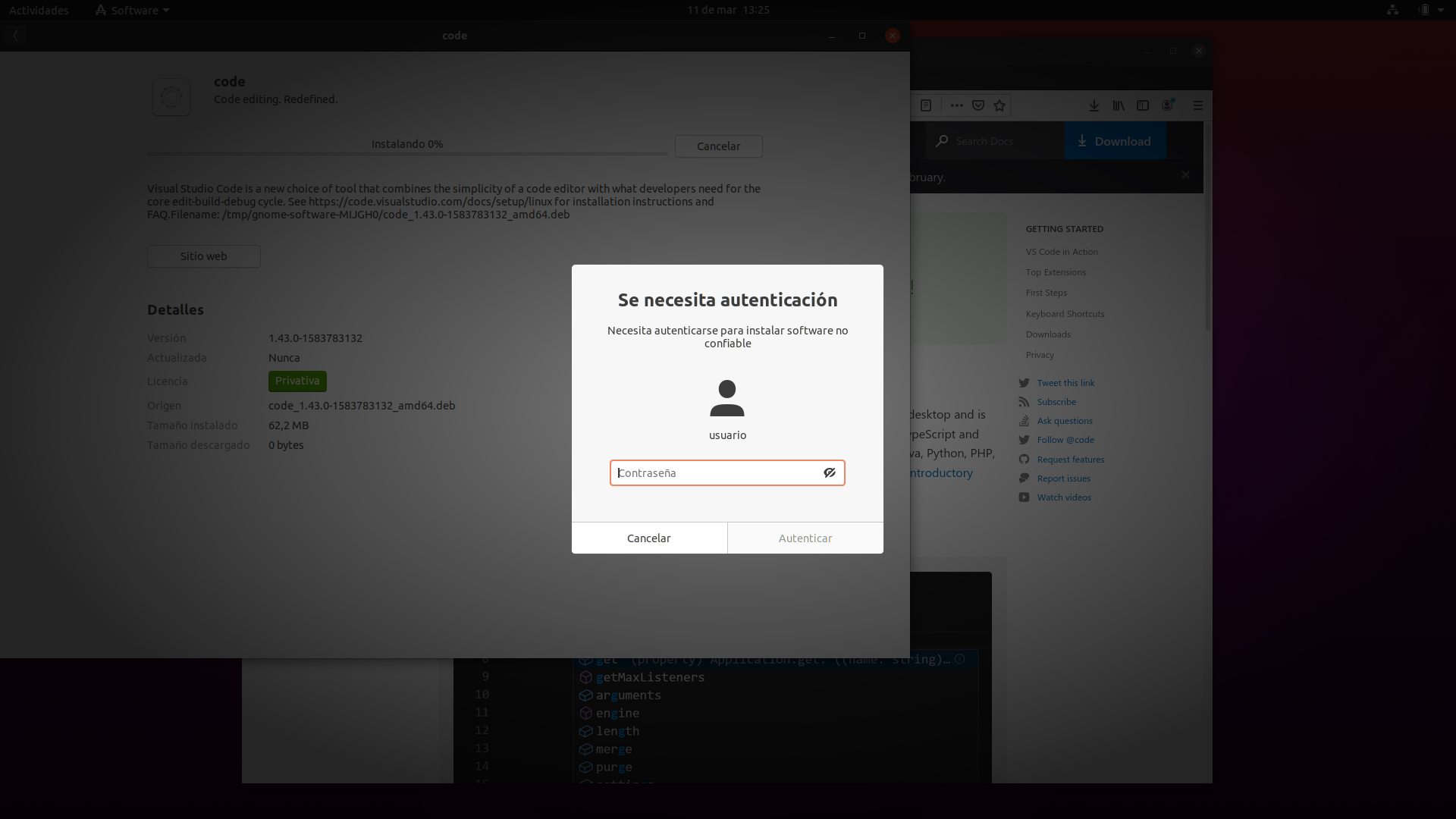 Imagen de una captura de pantalla que muestra una caja de diálogo para introducir nustra contraseña de usuario con priviliegios para instalar Code