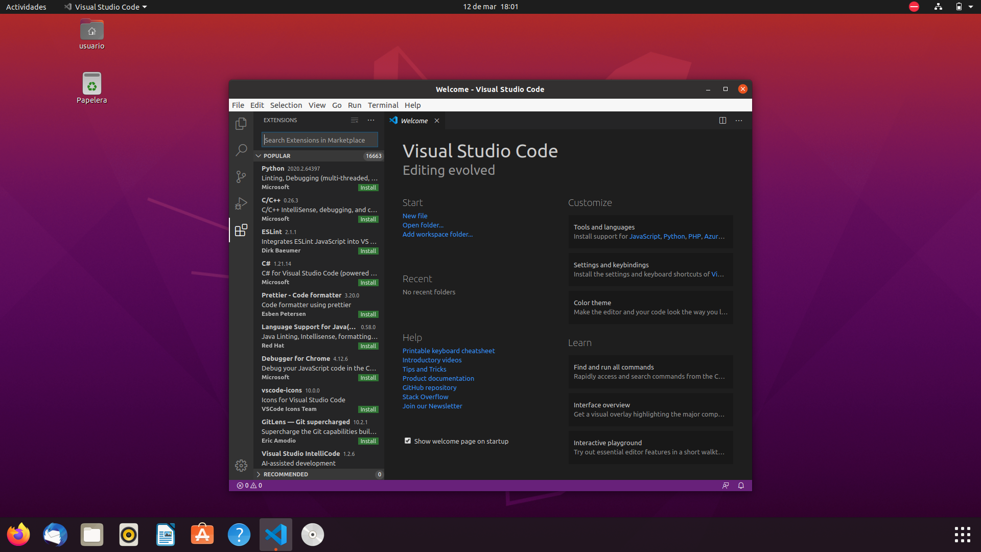 Imagen que muestra el IDE Visual Studio Code abierto, a la izquierda aparecen las extensiones populares y arriba de ellas se mustra una caja de entrada para buscar nuestras extensiones