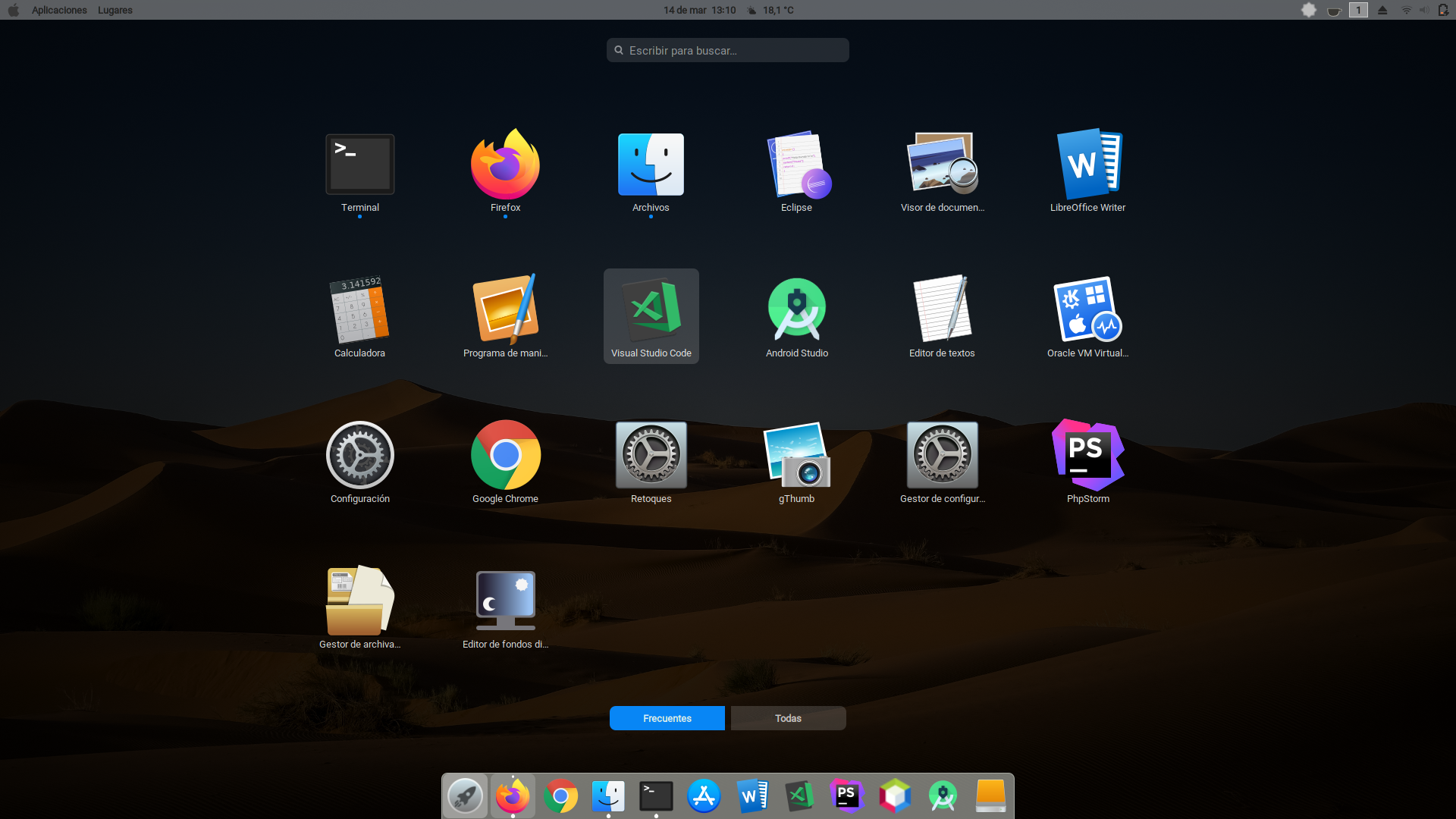Captura de pantalla de las aplicaciones de Ubuntu donde se ven los iconos de las aplicaciones instaladas, entre ellas VisualCode sobre un fondo oscuro