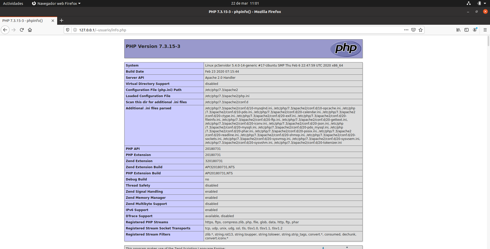 Imagen que mustra el bavegador web firefox en la url el archivo info.php y en el contenido el contenido generado por este archivo