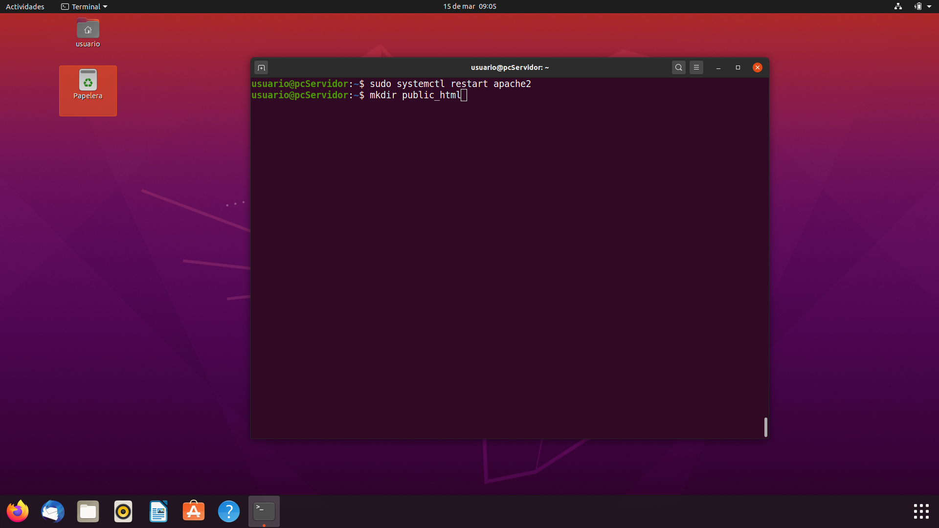Imagen mostrando una consola en ubuntu con el comando para crear el directorio public_html