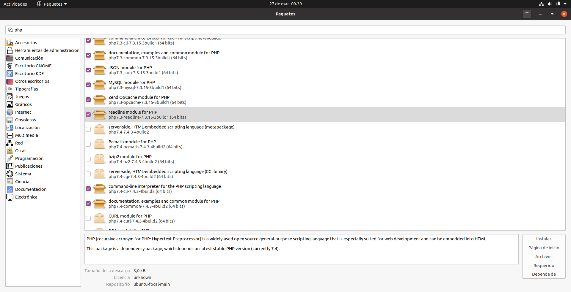 Imagen que muestra el gestor de paquetes de ubuntu con las extensiones php disponibles a la derecha