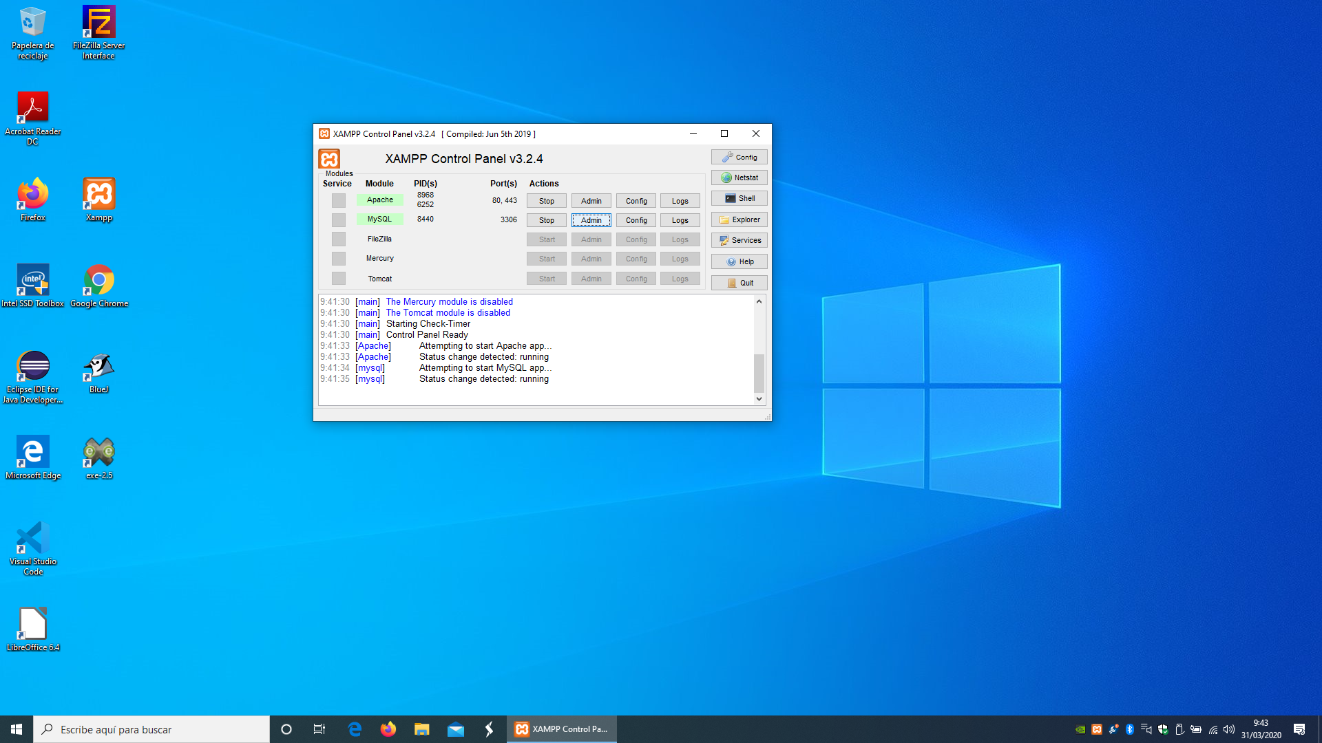 Imagen mostrando el panel de control de Xampp, la ventana de una aplicacion donde se puede ver apach y mysql en verde.
