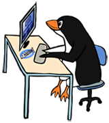 Pingüino al ordenador. Ilustración de un Pingüino sentado a una mesa y manejando un ordenador.