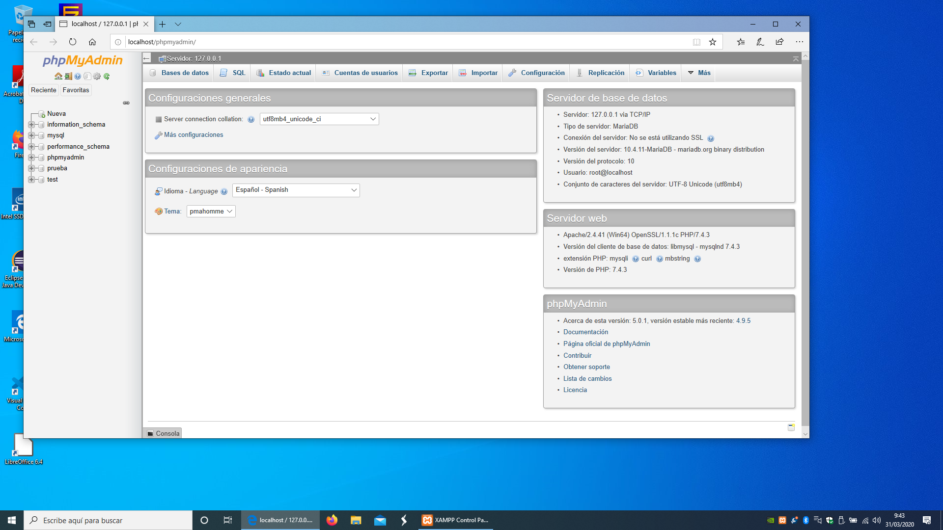 Imagen aplicacion phpmyadmin abierta, en la columna de la derecha se puede ver phpMyAdmin y la bases de datos en estructura de árbol y en la de la izquierda distintas opciones de configuración.