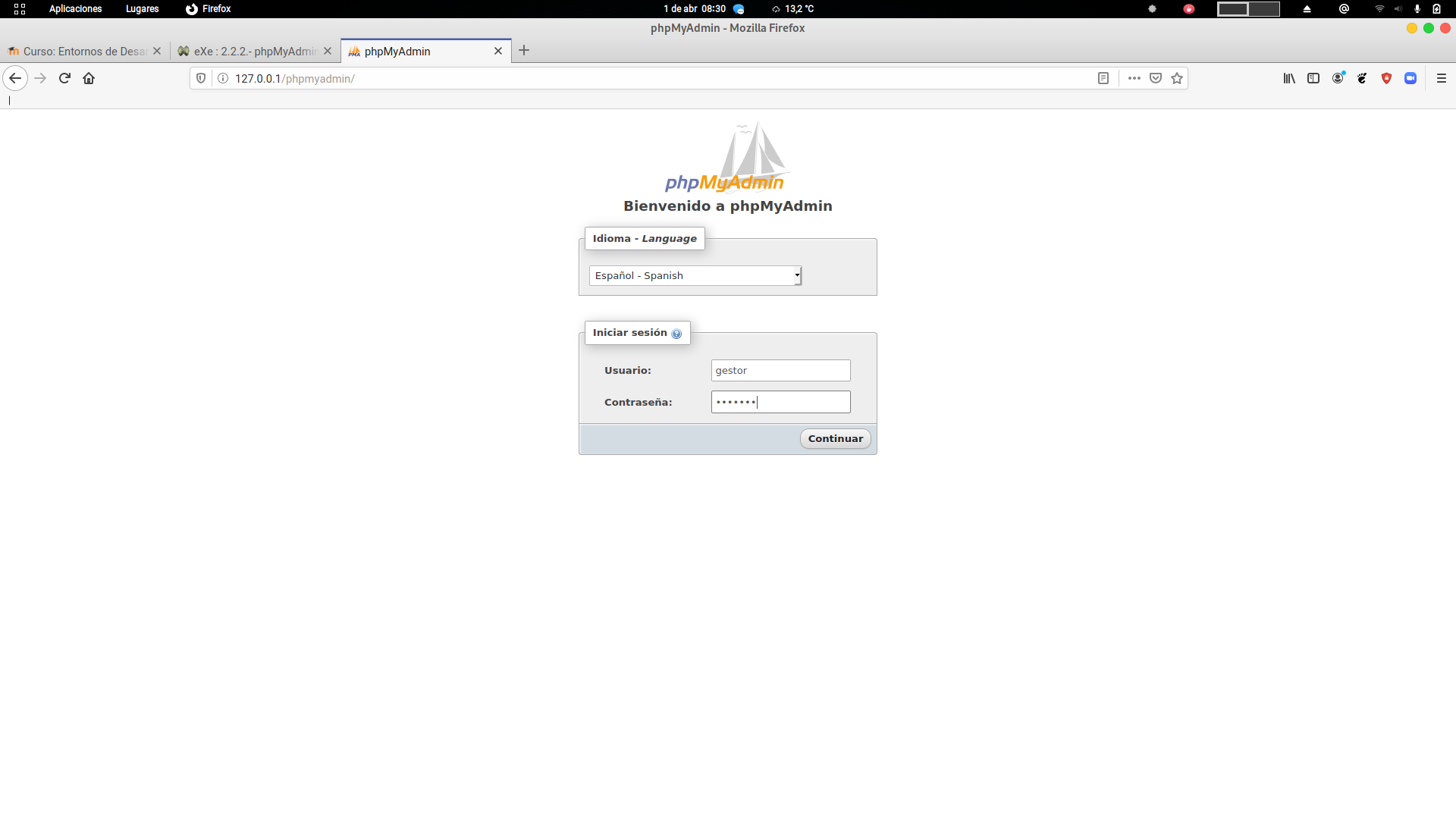 Imagen que nos muestra en la parte superior el logo de phpMyAdmin, una bienvenida, una lista desplegable para elegir idioma y dos cajas de texto una para el ususario donde ya se ha introducido gestor y otra la contraseña