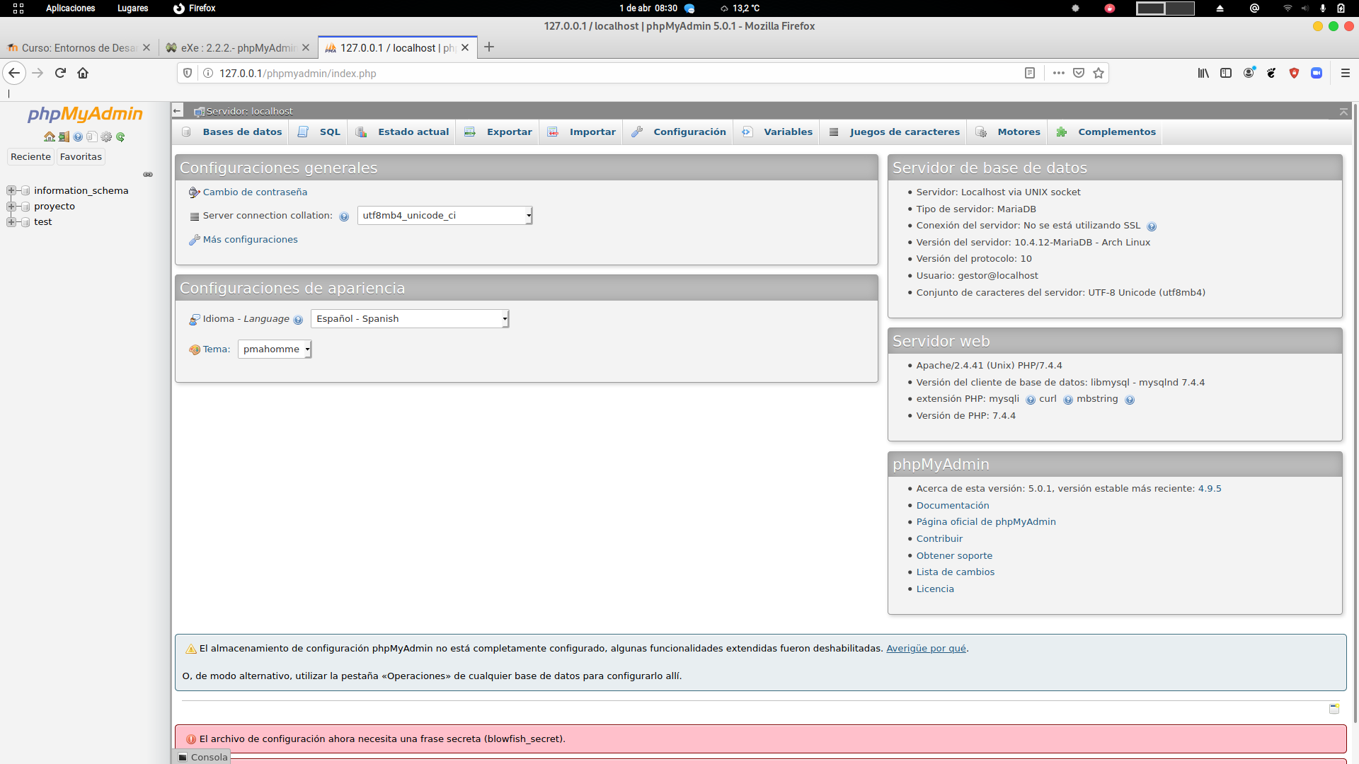 Imagen del navegador mostrando la pagina de inicio de phpMyAdmin, a la izquierda un frame donde pone phpMyAdmin, unos logos para ir a home y cerrar sesión y debajo una estructura de arbol de directorios donde se pueden ver las bases de datos como proyecto. A la derecha una series de pestañas y debajo unas informaciones sobre el servidor web servidor MySQL y phpMyAdmin