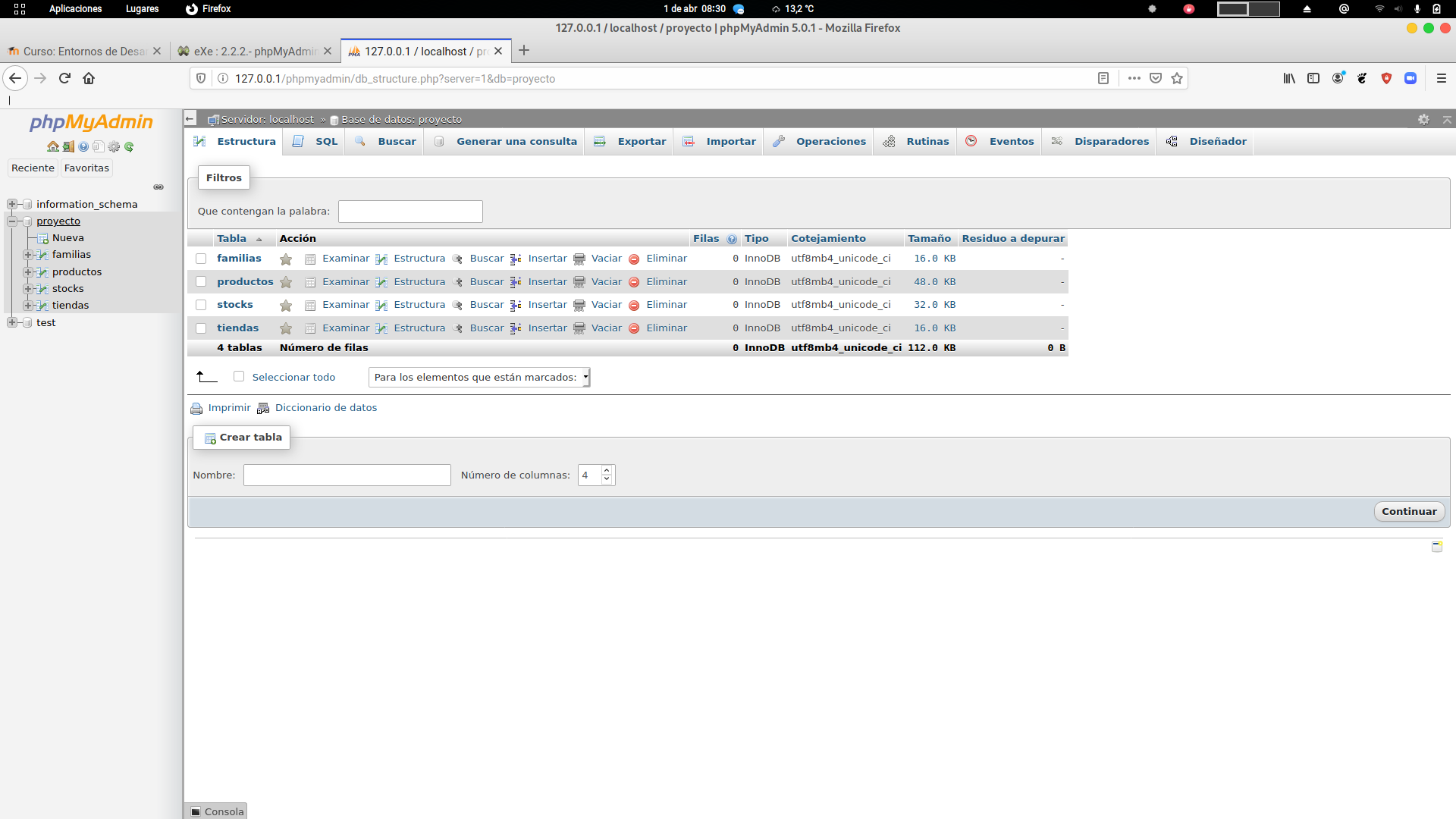 Imagen del navegador mostrando la pagina de inicio de phpMyAdmin, a la izquierda un frame donde pone phpMyAdmin, unos logos para ir a home y cerrar sesión y debajo una estructura de arbol de directorios donde se pueden ver las base de datos proyecto con sus 4 tablas debajo y un icono para crear una tabla nueva. A la derecha se ve la pestaña estructura con en nombre de las 4 tablas en vertical y a la derecha de cada tabl auna serie de opciones como examinar, estructura, buscar, insertar, vaciar y eliminar. 