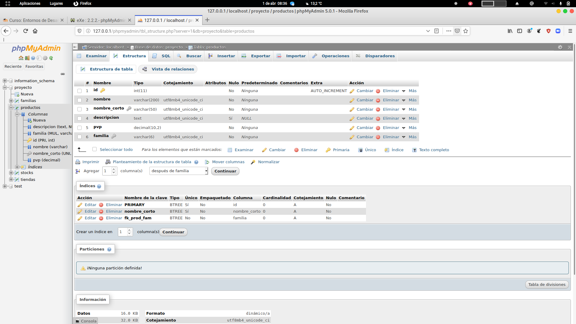 Imagen de una página web donde podemos observar dos frames, el de la izquierda contiene las letras phpMyAdmin y una serie de iconos debajo y debajo de todo una estructura de arblo con la base de datos proyecto mostrando sus 4 tablas y la tabla productos mostrando debajo sus campos. A la derecha podemos ver la pestaña estructura abierta y en ella los campos de la tabla productos y una serie de opciones sobre ellos, como modificar, eliminar, nuevo.