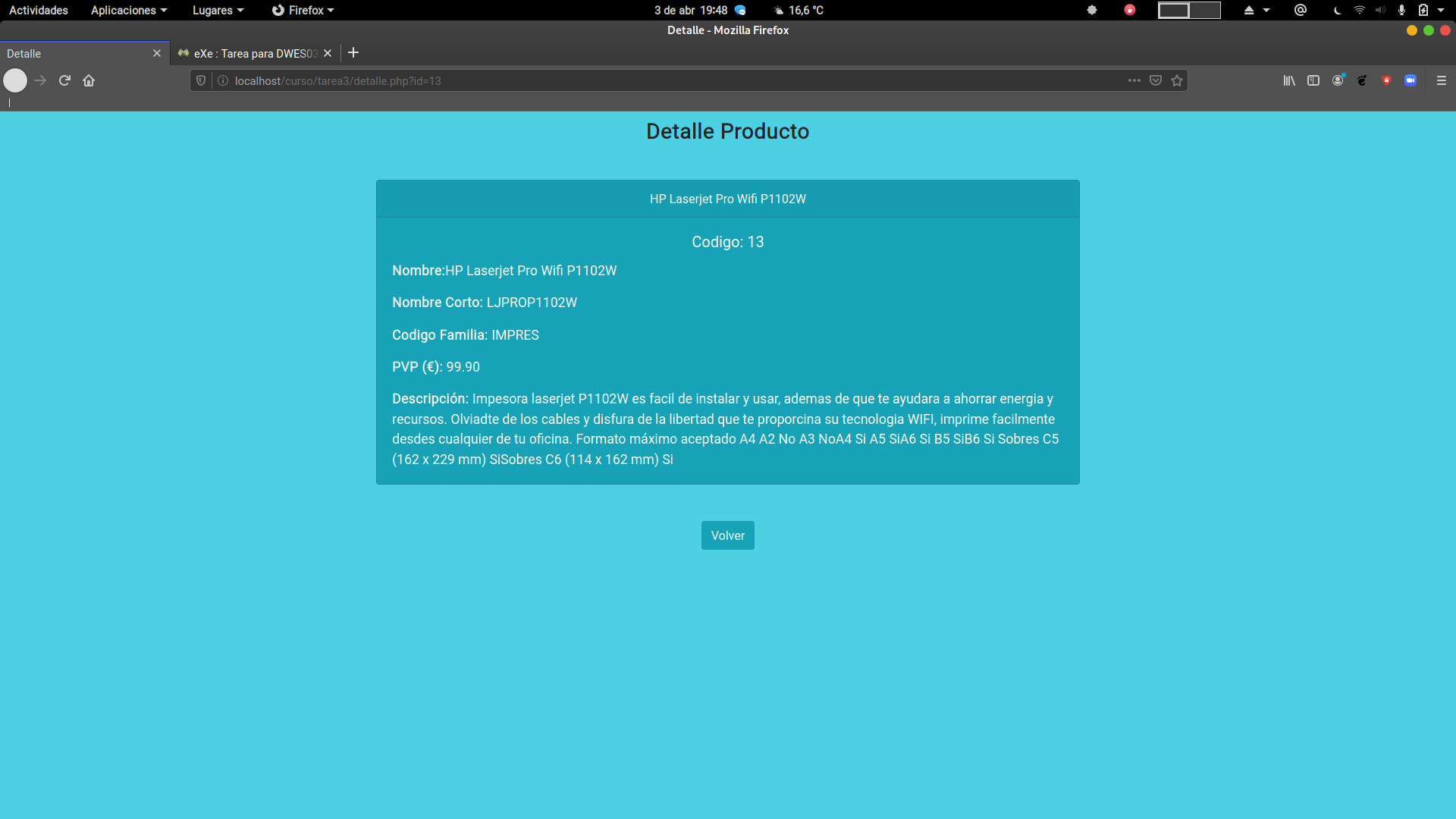 Imágen de una página web donde se muestra en una ficha los datos de un producto, codigo, nombre, nombre corto, familia y descripción. Debajo el botón volver.