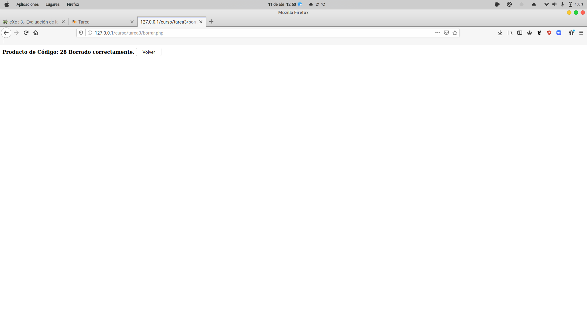 Imagen de una página Web que muestra el Texto producto de código 27 borrado correctamente y un botón volver.