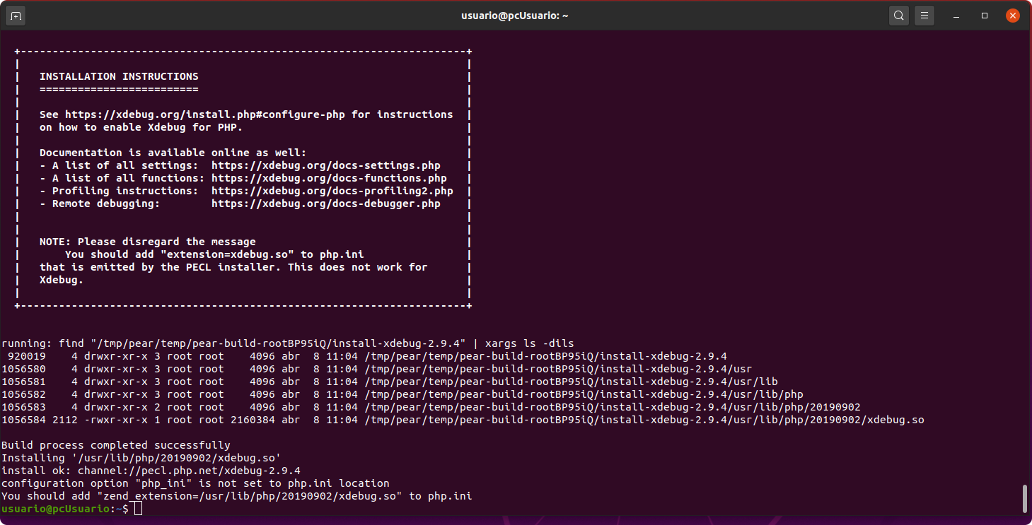 Imagen donde se puede ver la terminal de ubuntu, arriba en un recuadro delimitado por quiones una serie de instrcciones de instalación abajo y casi alfinal un mensaje en ingles advirtiéndonos que tenemos que activar la libreria xdebug.so en el archivo php.ini