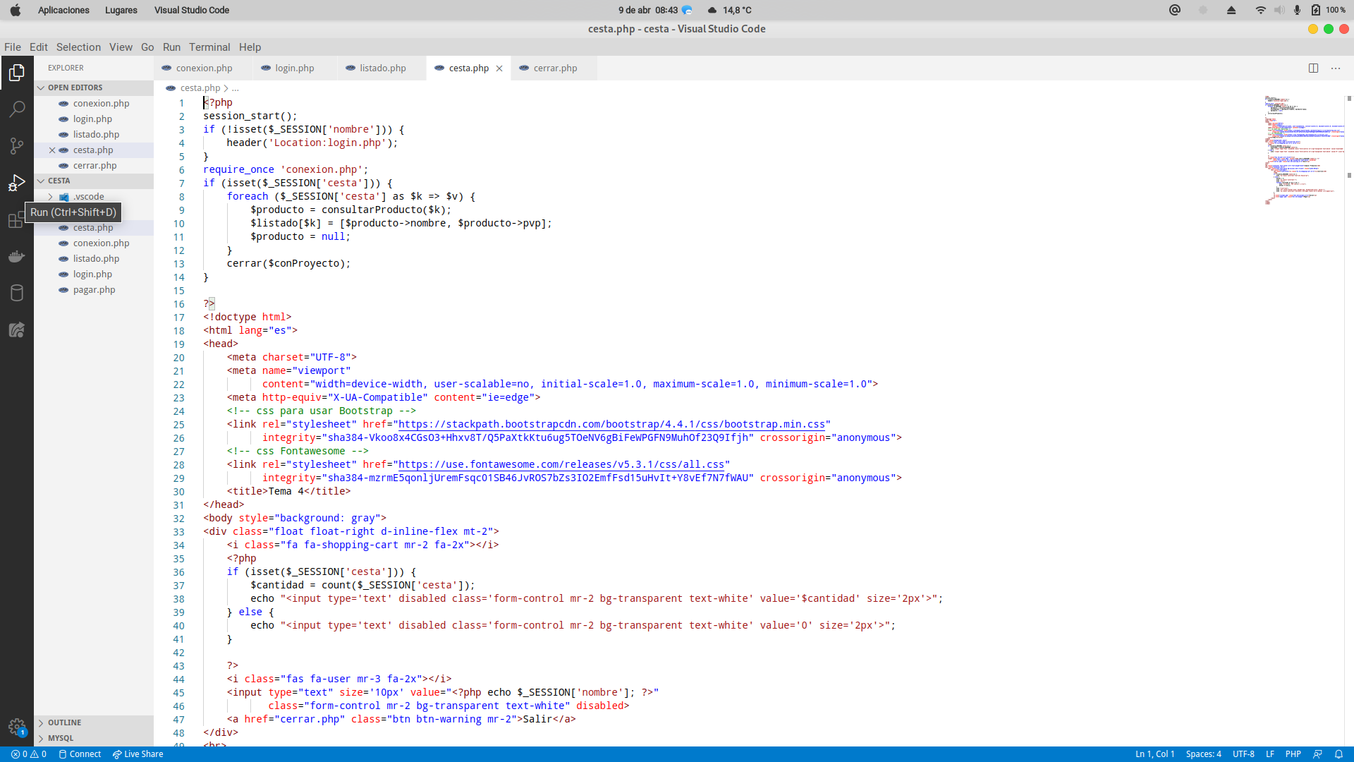 Imagen de Visual Studio Code con el archivo cesta.php abierto a la derecha y a la izquierda se puede ver un icono de un triágulo con un bicho encima y el texto run