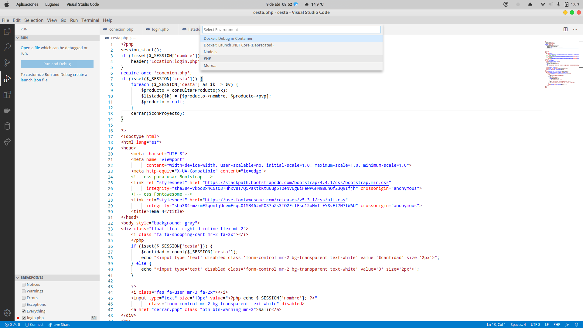 Imagen de Visual Studio Code abierto, a la derecha se puede ver código del archivo cesta.php, encima y en una lista desplegable con el texto en inglés: selecciona entorno, unos lenguajes entre los que aparece PHP 