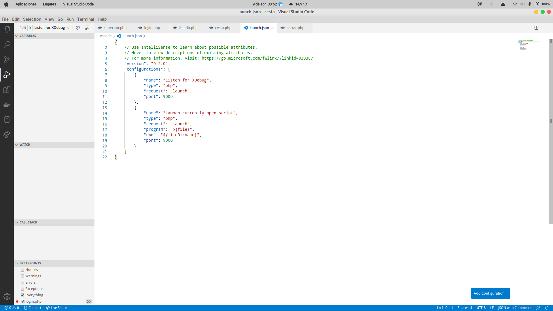 Imagen de Visual Studio Code abierto, a la derecha se puede ver código del archivo launch.json creado.