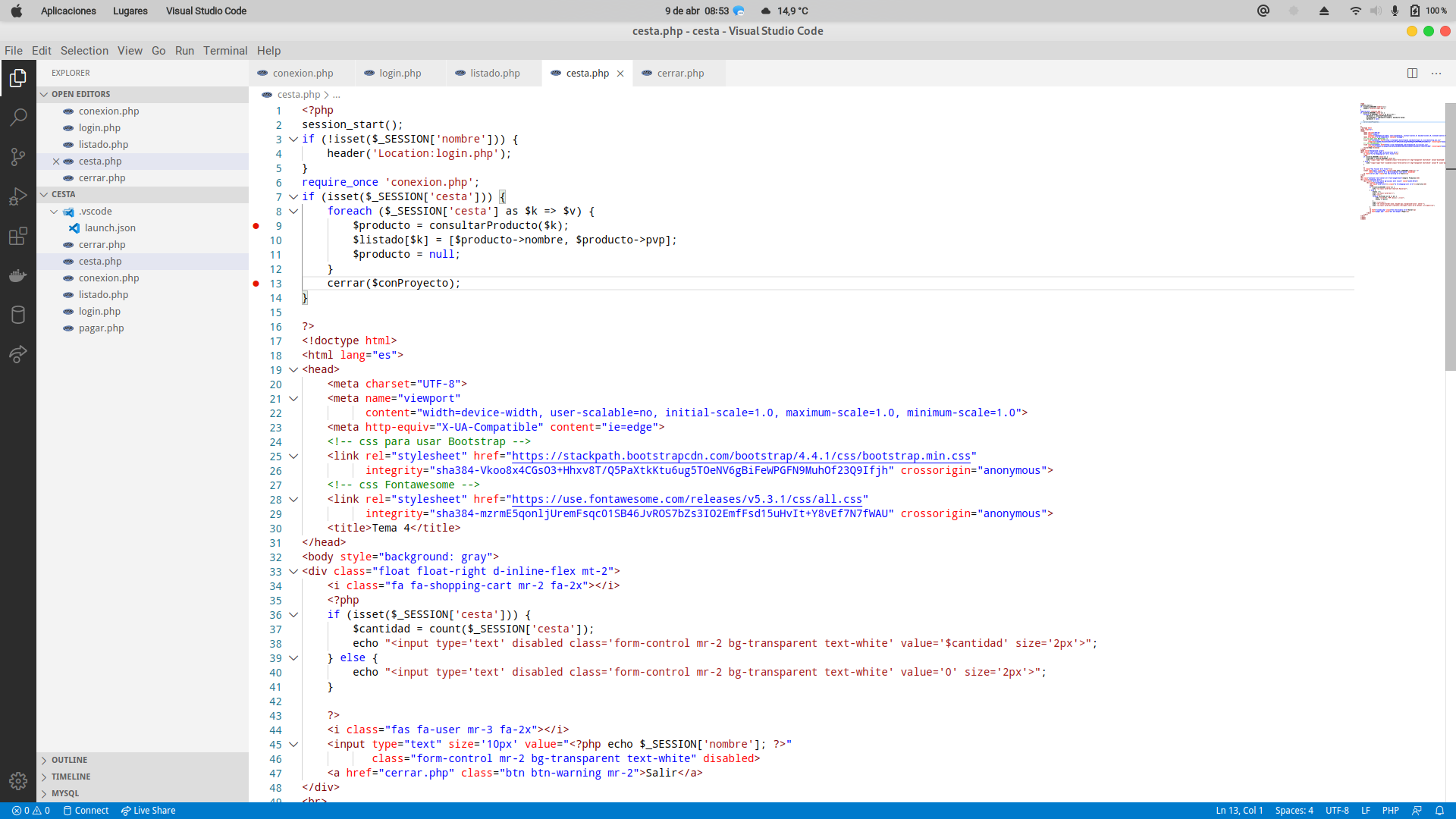 Imagen de Visual Studio Code abierto, a la derecha se puede ver código del archivo cesta.php y en las lineas 9 y 13 del código, al principio y fuera de este, dos puntos rojos. 