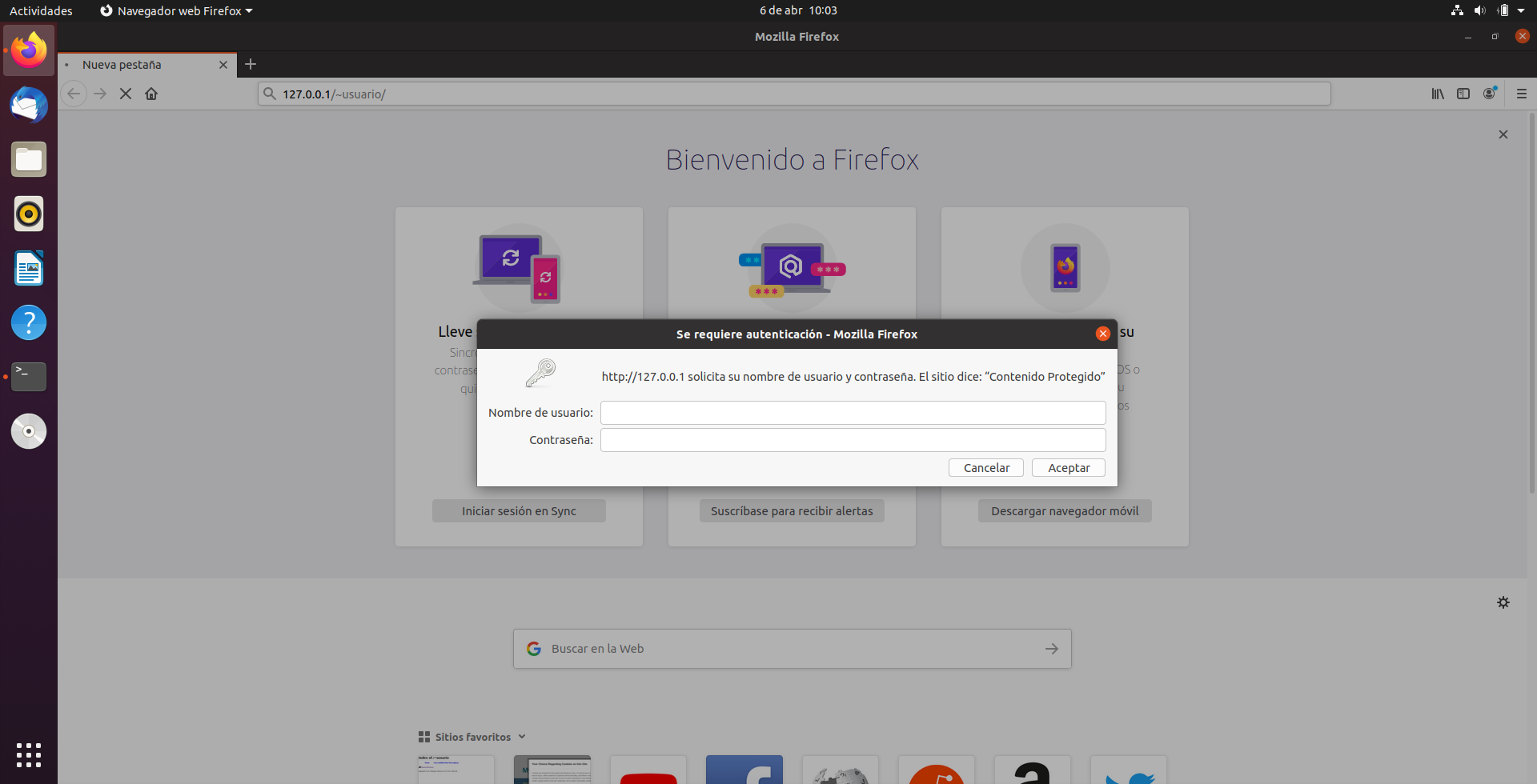 Imagen del navegador Firefox, en la url la página en localhost de usuario, deltane nos aparece un cuador de diálogo para introducir Nobre de usuario y Contraseña.