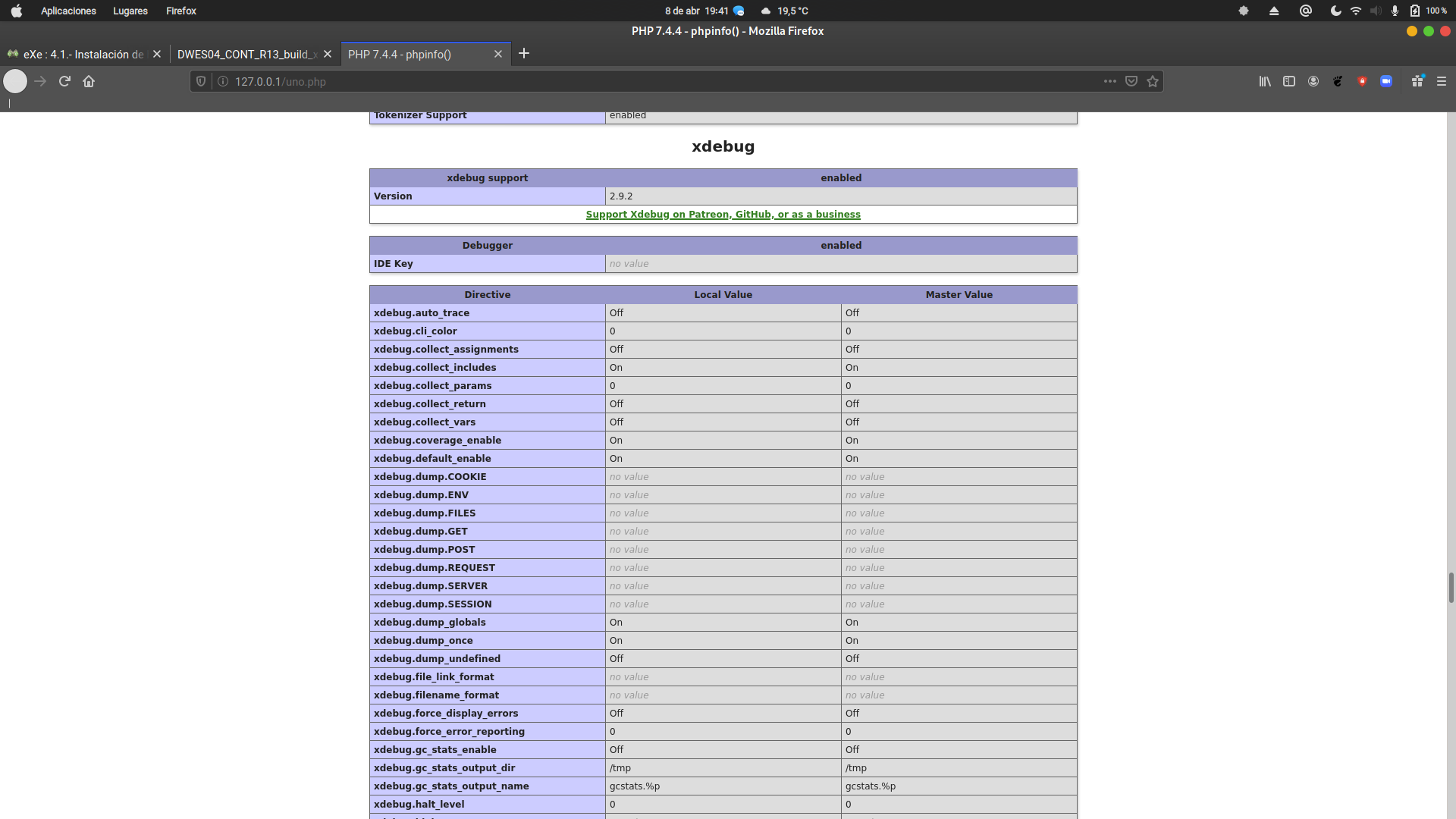 Imagen de una página web mostrando la parte de sesiones de la función phpinfo() en una tabla.