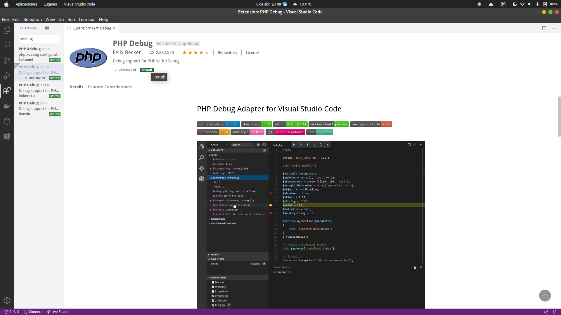 Imagen de Visual Studio Code, a la derecha aparece la extensión PHP Debug y sus instrucciones de instalación y configuración.