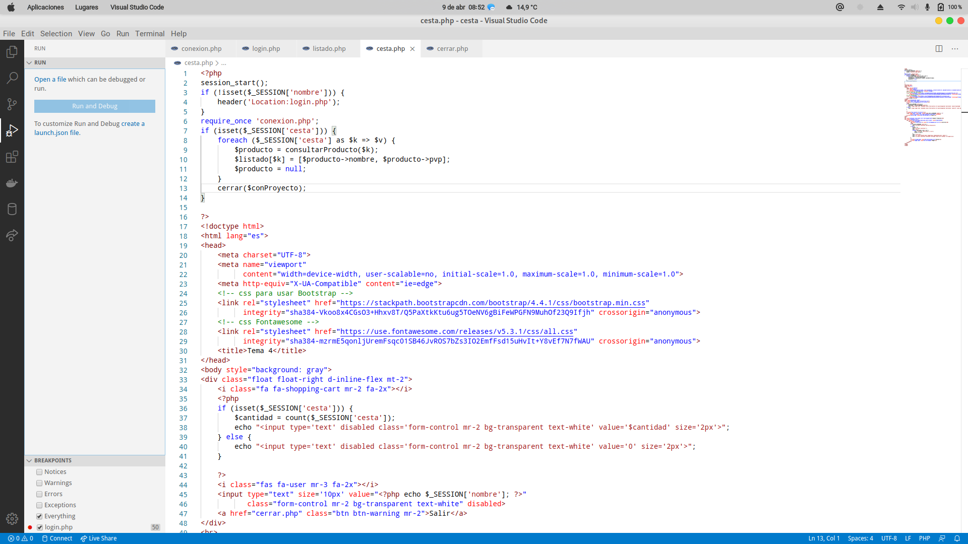 Imagen de Visual Studio Code abierto, a la derecha se puede ver código del archivo cesta.php y a la izquierda en una columna un boton descativado en azul con el texto Run and Debug y debajo un enlace para crear el fichero de configuración.