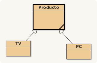 Imagen de un diagrama de clases, la clase producto arriba, abajo a la izquierda la clase TV y abajo a la derecha la clase PC, de las clases inferores sale un flecla hacia la clase producto.