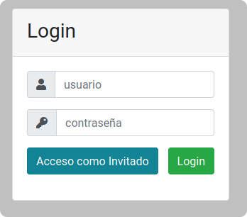 Imagen de un formulario de acceso con los botones: Acceso como invitado y Login, y las cajas de texto: usuario y contraseña.