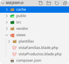 Imagen de la estructura en árbol de un proyecto abierto en Visual Studi Code, donde se pueden observar unos socumetos Blade