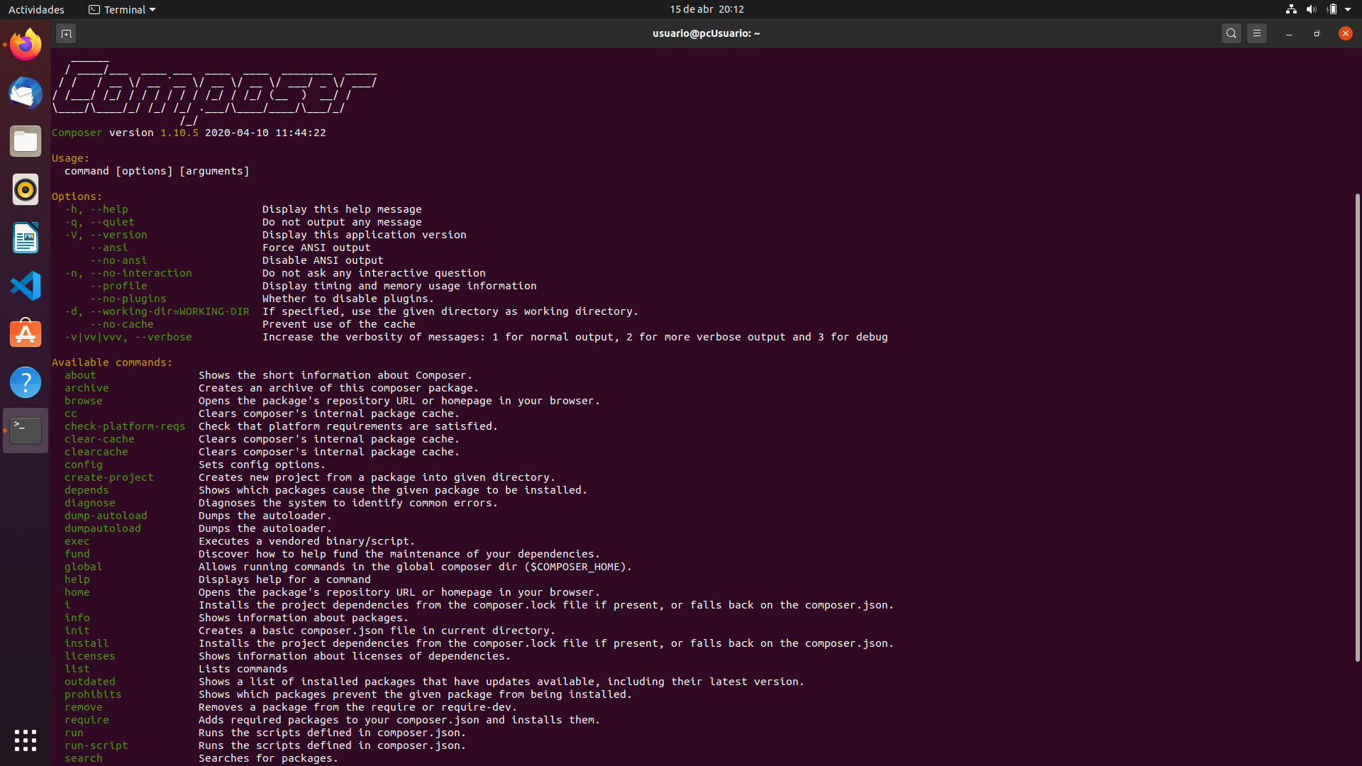 Imagen de la terminal de Ubuntu mostrando en grande Composer y los comados dsiponibles