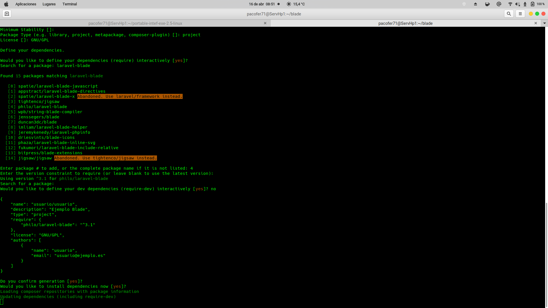 Imagen de una terminal Ubuntu donde se puden ver las pregunas que se han ido respondiendo de composer init