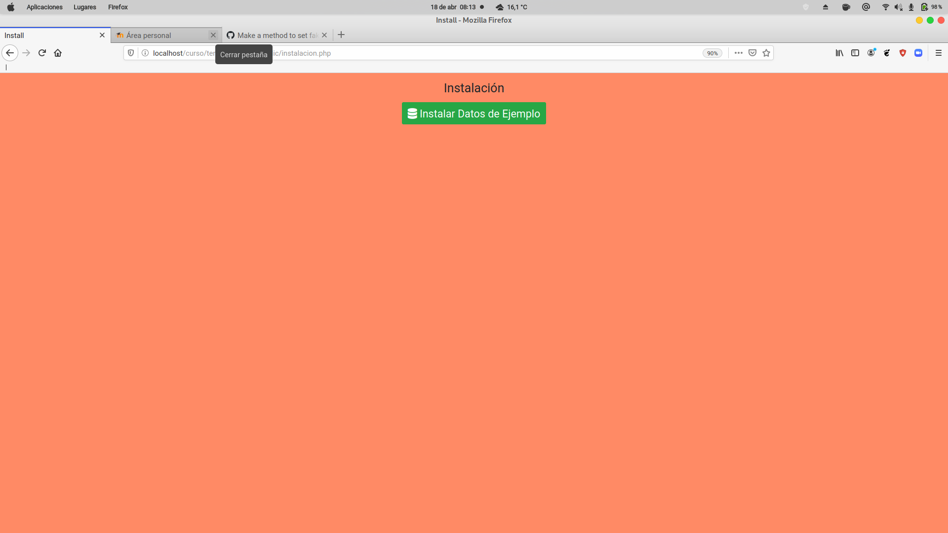 Imagen de una página web con un botón con el texto "Instalar Datos de Ejemplo"