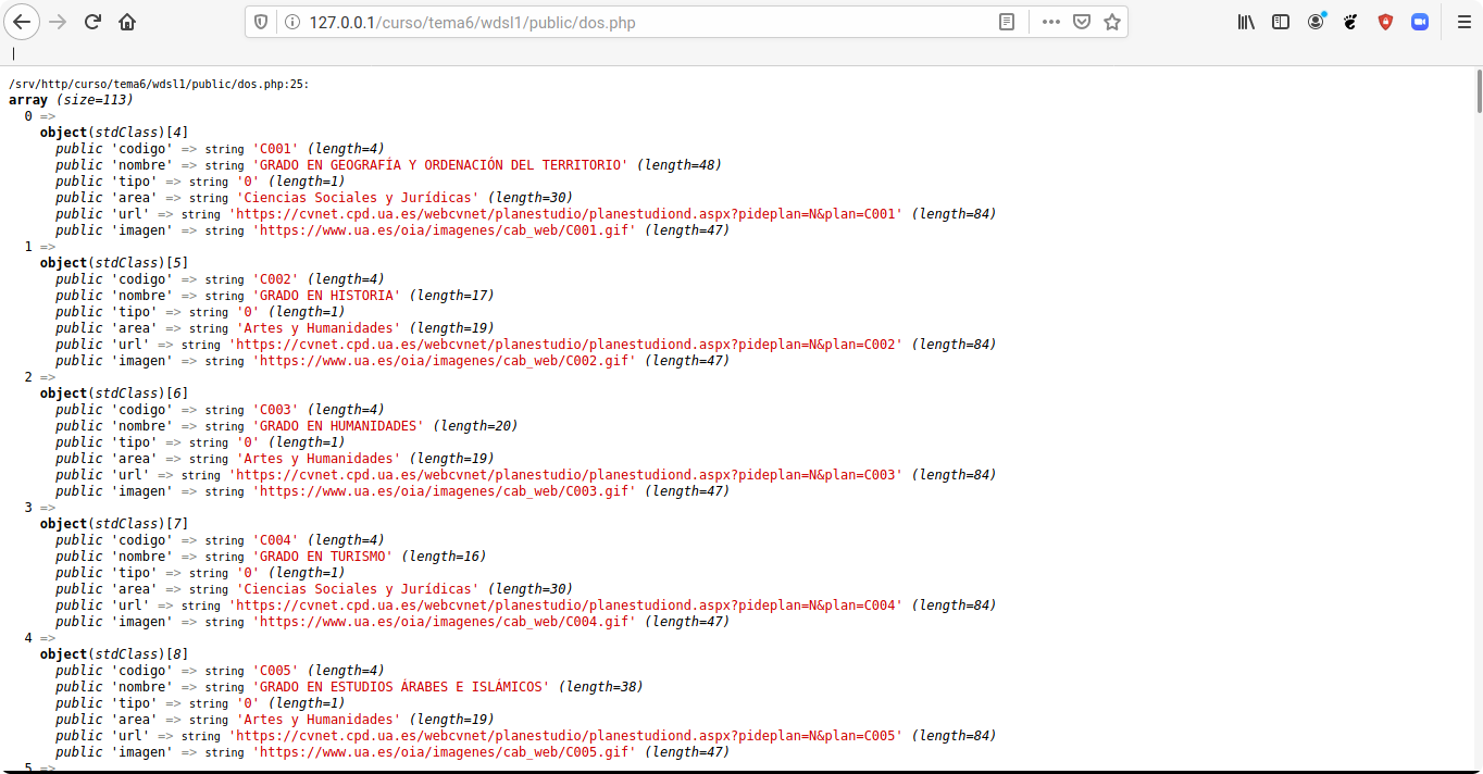Documento obtenido Imagen de un apágina web donde se puede ver la salida de var_dumo un array de 113 elementos, donde se ven los 4 primeros de tipo stdClass y en cada uno de ellos los campos codigo, nombre, tipo, area, url e imagen.