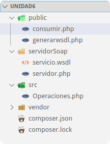 Imagen de la estructura en árbol de nuestro proyecto, en ella se pude ver las carpetas: src, vendor, public, servidorSoap y los archivos que contienen. 