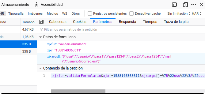 Imagen de una captura del navegador Firefox en la que se utiliza Firebug para mostrar los parámetros POST enviados en una petición AJAX.