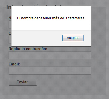 Alerta de validación Imagen de una Captura del navegador Firefox en la que se muestra un mensaje de alerta de validación con el texto “El nombre debe tener más de 3 caracteres”.