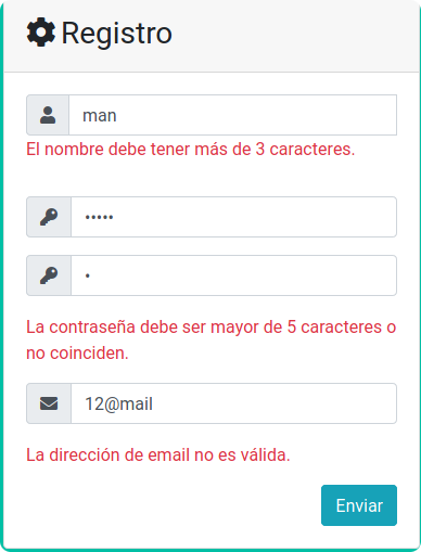 Imagen de una captura del navegador Firefox en la que se muestra un formulario web para introducción de datos, con casillas de texto para Nombre, Contraseña (2) y email, y tres errores de validación en los campos nombre, contraseña y email.