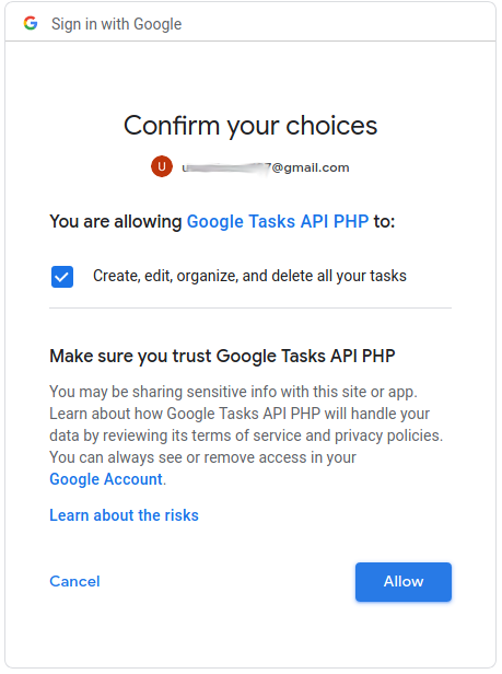 Imagen de una formulario con un item marcado donde estamos dando permiso a una aplicación "Google Tasks API PHP" a crear, editar, borrar y organizar nuestras tareas en Google Tasks