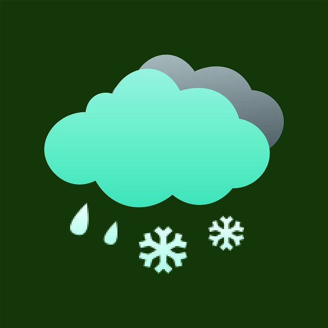 El tiempo Imagen del dibujo de una nube con copos de nieve y gotas de agua debajo