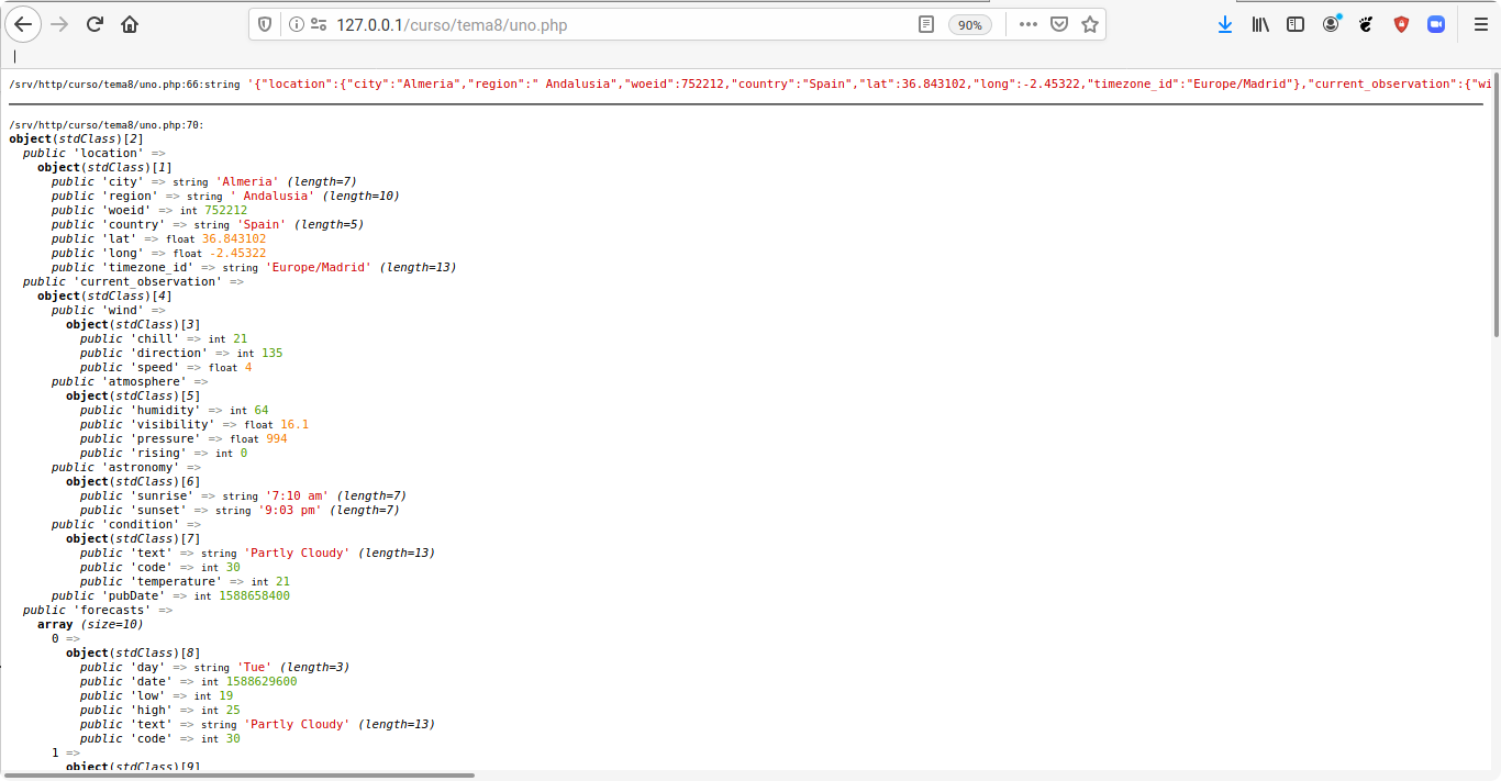Imagen de una página web donde se puede ver un árbol de objetos con distintos datos. Se corresponde a la salida usando json_decode de la infromación que nos ha ofrecido Yahoo en formato JSON