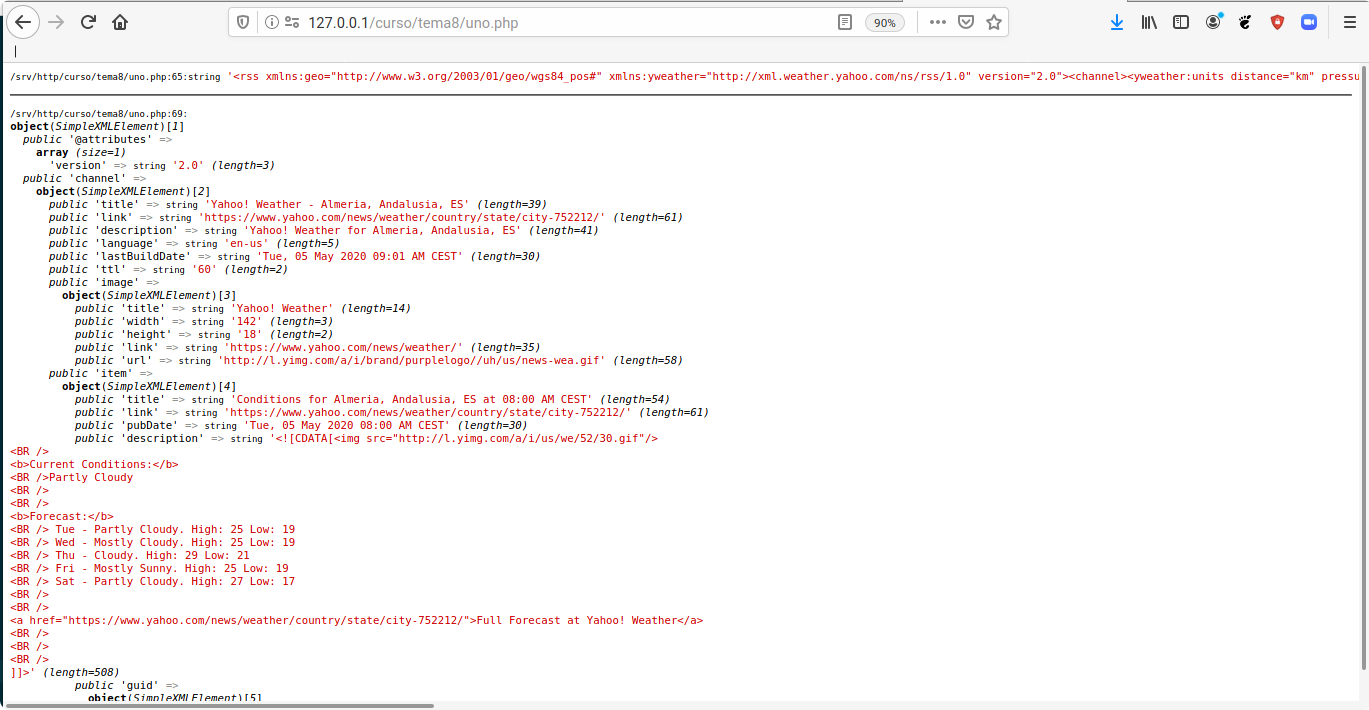 Imagen de una página web donde se puede ver un árbol de objetos de tipo SimpleXMLElement con distintos datos. Se corresponde a la salida usand de la información que nos ha ofrecido Yahoo en formato XML