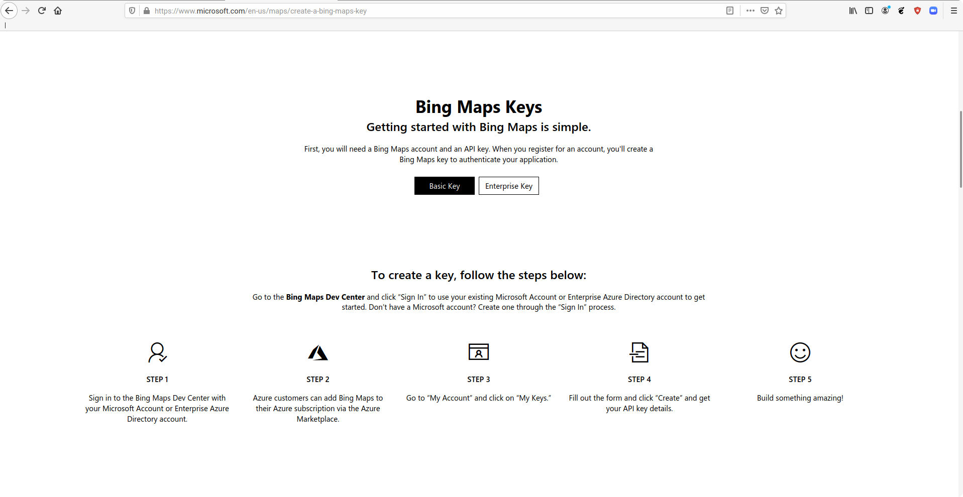 Imagen de una página web donde se puede ver Bing Maps Keys y debajo en negro el botón Basic Key y en blanco Enterprise Key